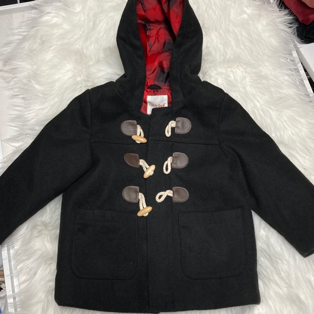 Cat & Jack Black Hooded Pea Coat with Red Lining